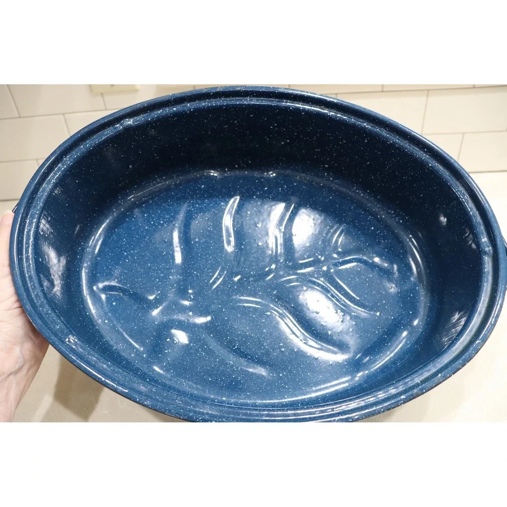 Blue Speckled Enamelware Oval Roasting Pan with Lid 16 Inch Turkey Roaster
